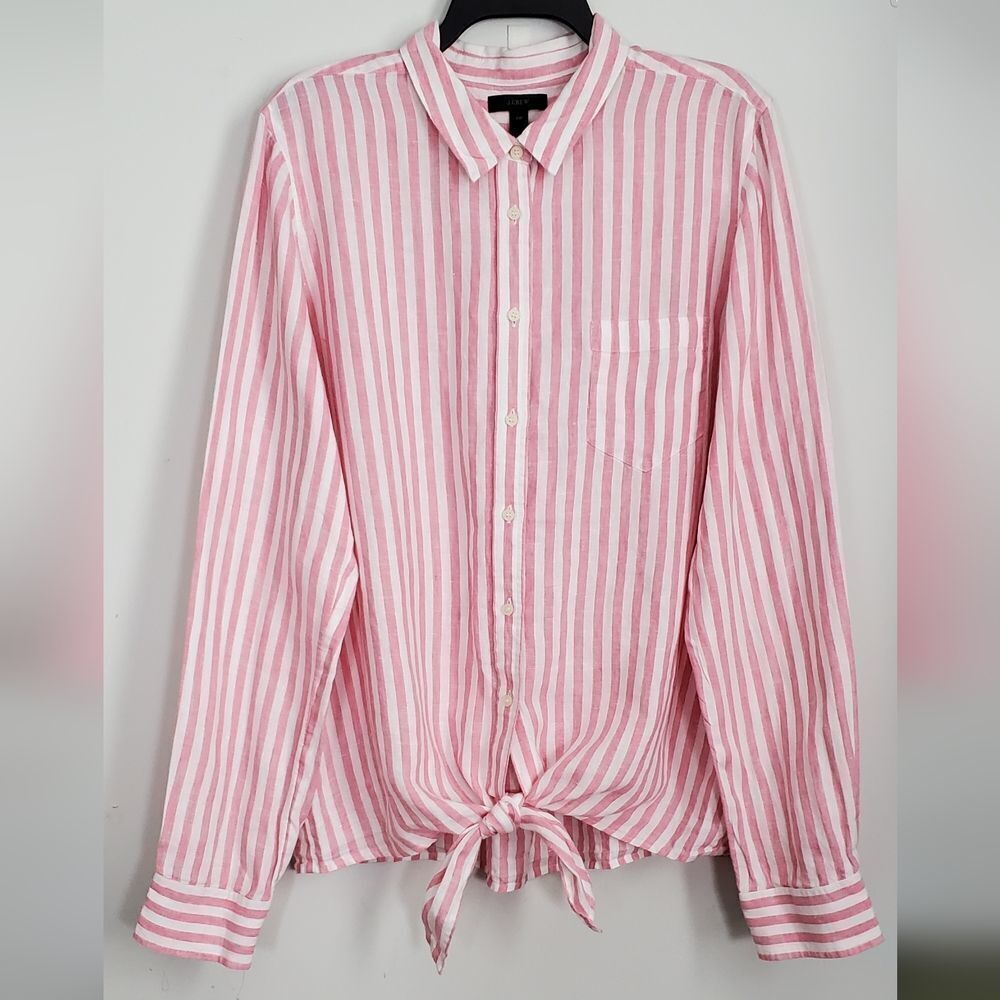 J. Crew Pink & White Stripe Tie Front 100% Linen Button Up Top Size 16T